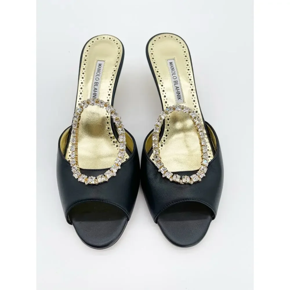 Manolo Blahnik Astria Black Gold Leather Crystal Ring Slide Mule Sandals IT 39